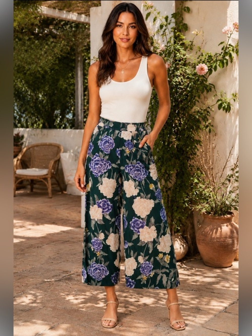 Merona Green Purple Floral Wide Leg Palazzo Pants Women’s Size Small Boho